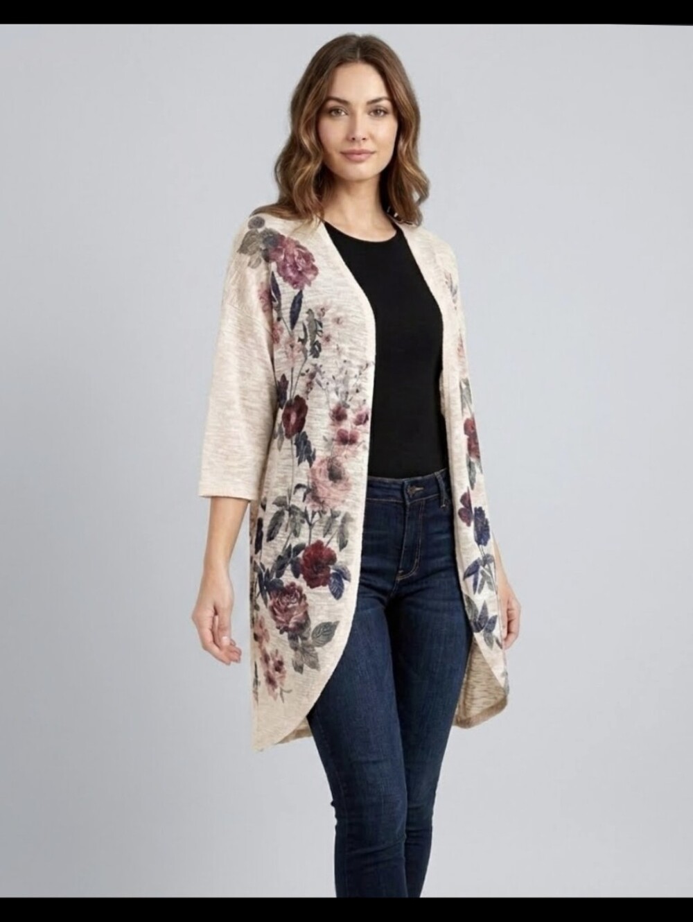 Gaze Floral Open Front Knit Light Cardigan Antique Cream Boho 3/4 Sleeve Small